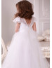 Cap Sleeve Ivory Lace Tulle Tea Length Flower Girl Dress